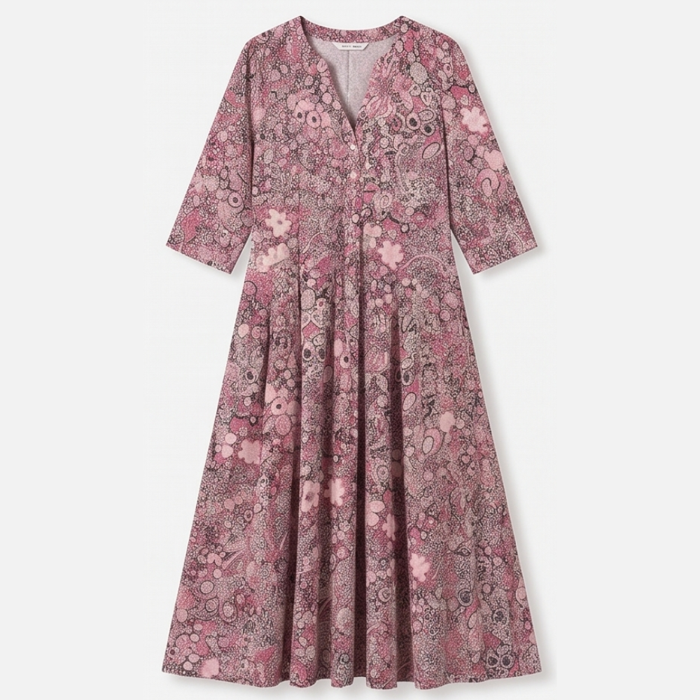 Floral Midi Dress with Pockets - V-Neck A-Line Silhouette