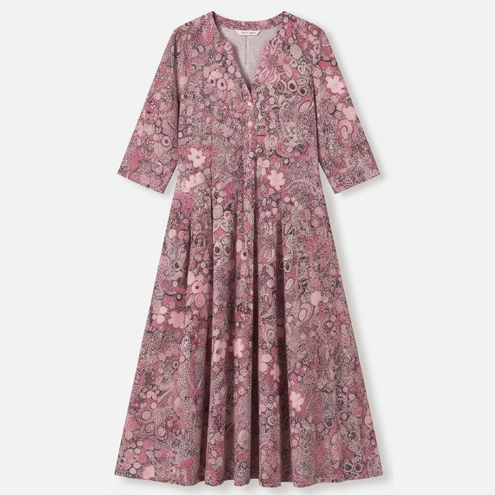 Floral Midi Dress with Pockets - V-Neck A-Line Silhouette