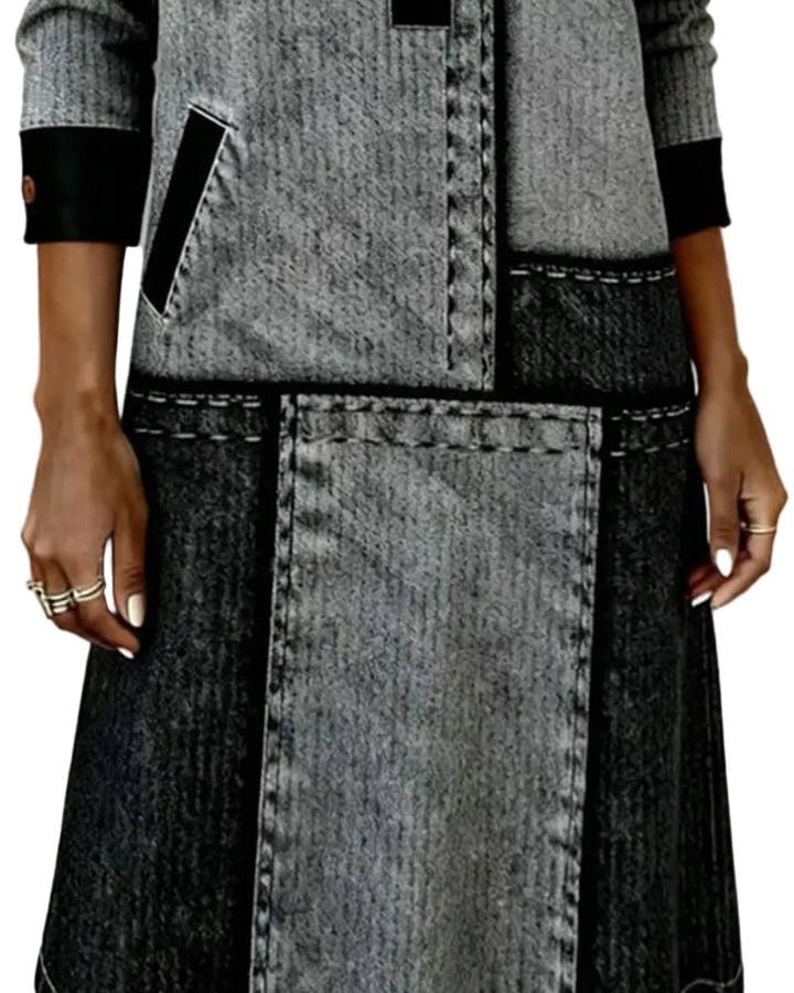 Kleid mit Knopfleiste, V-Ausschnitt, Farbblock, modern