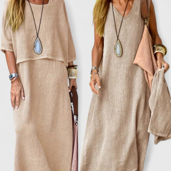 Lea | Conjunto Feminino de Duas Peças Vestido Longo e Blusa de Manga Curta