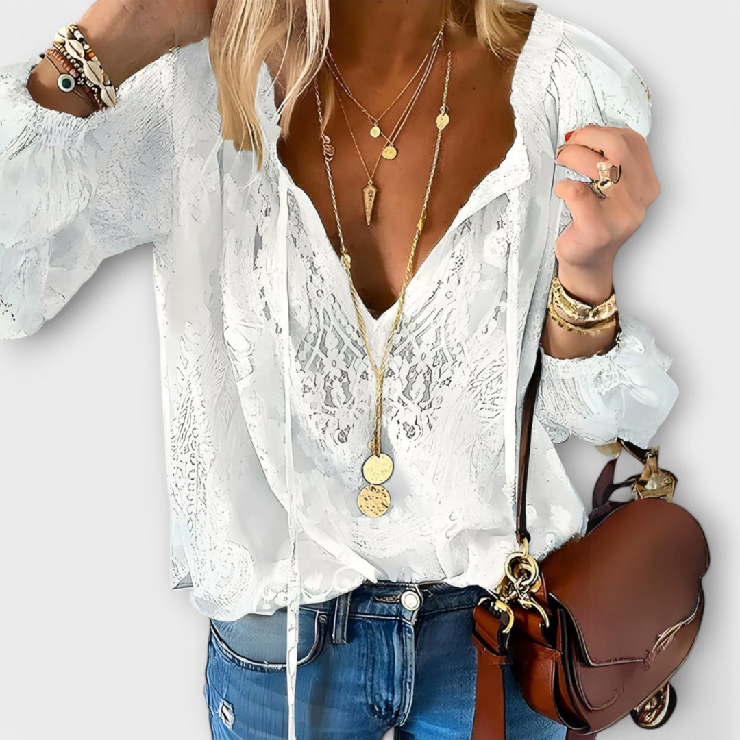 Zeleste | Blusa Feminina de Renda com Decote V e Manga Longa Estilo Boho
