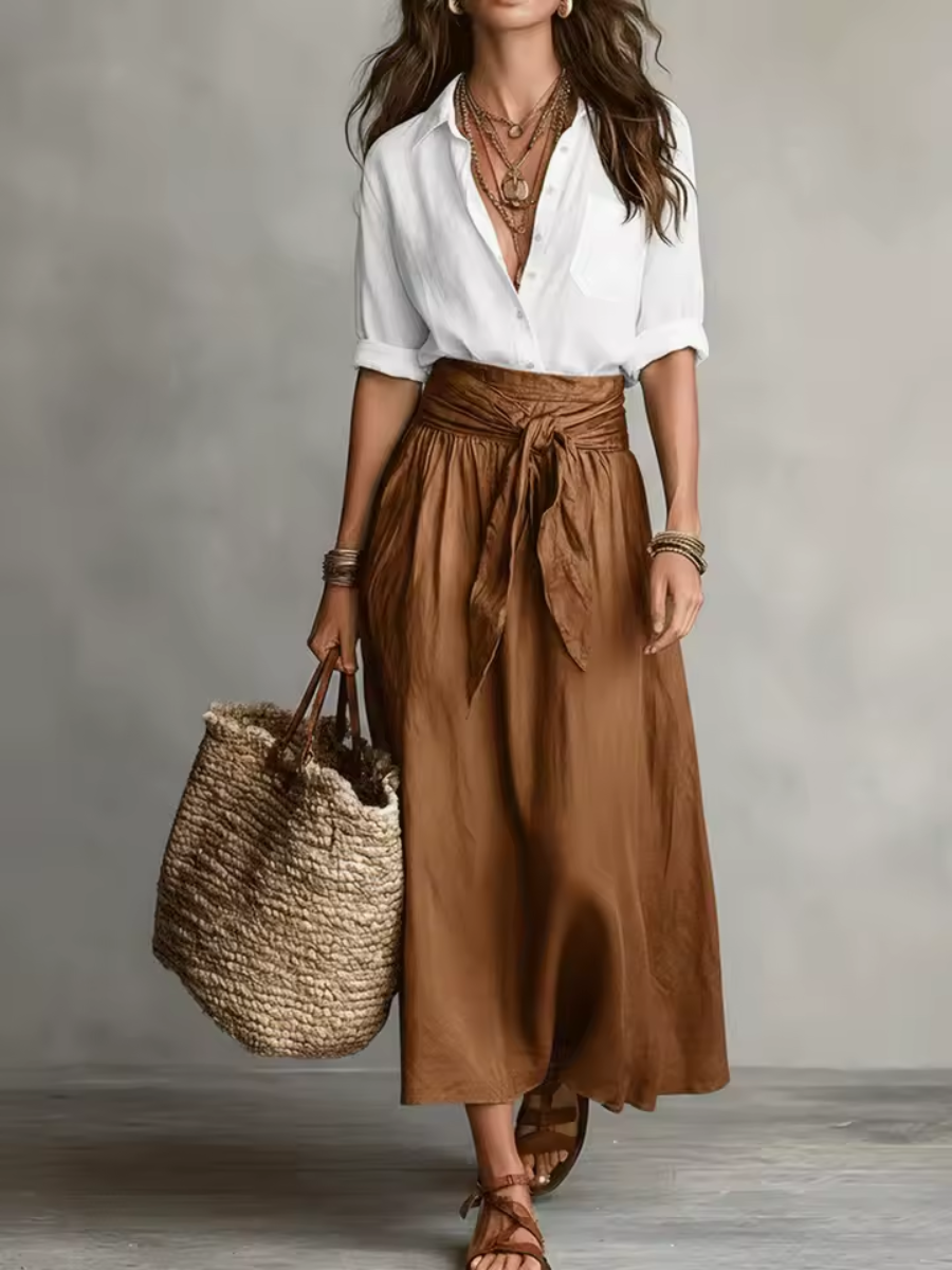 Solène™ | Conjunto de Blusa com Amarração na Cintura e Saia