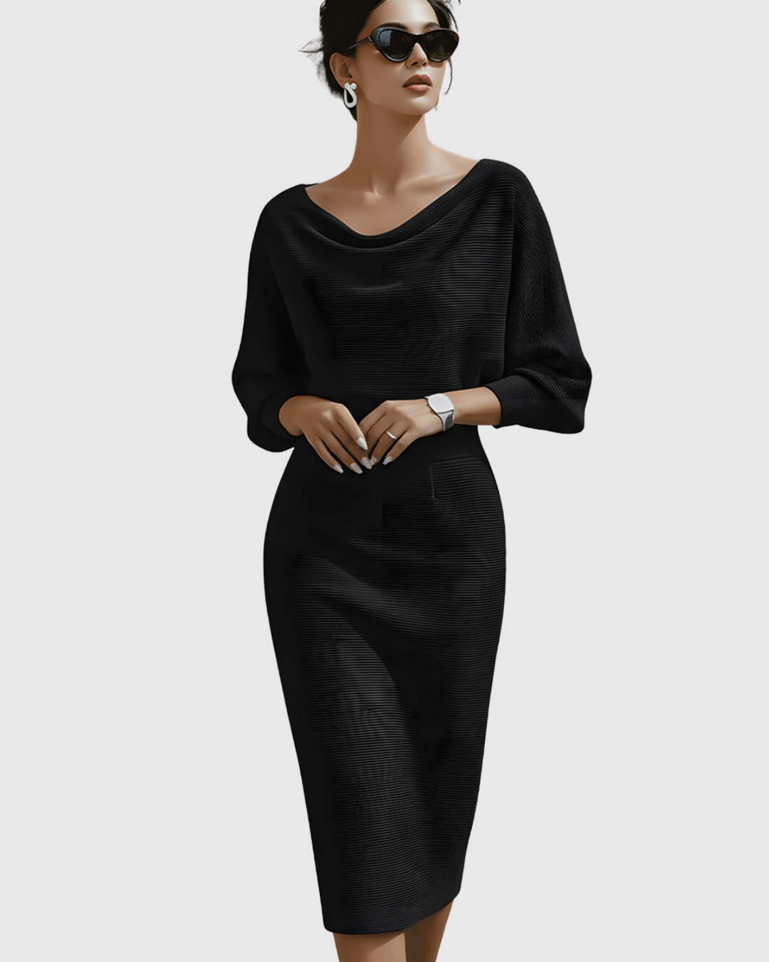 Vivienne | Vestido midi acanalado para mujer con cuello vuelto y mangas murciélago