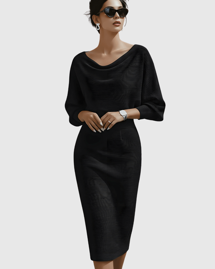 Vivienne | Vestido midi acanalado para mujer con cuello vuelto y mangas murciélago
