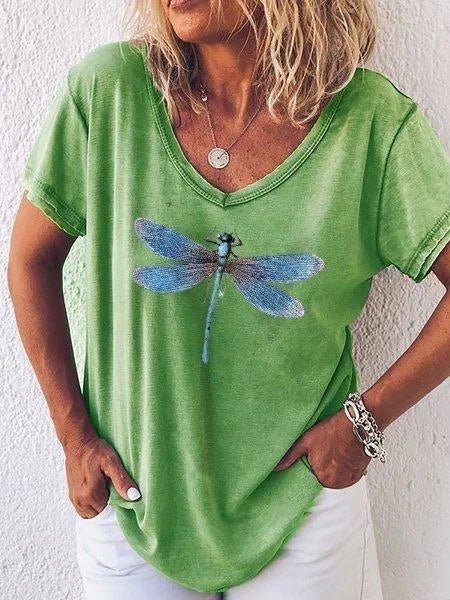 Luna | Camiseta casual para mujer con estampado de libélula, cuello en V y manga corta