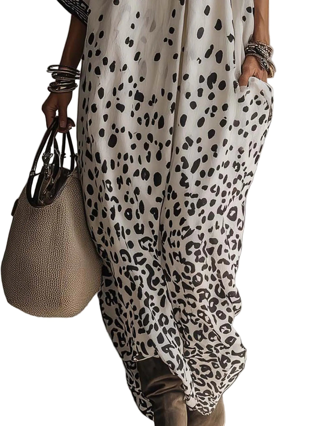 Elena – Maxikleid aus Chiffon mit hellgrauem Leopardenmuster und Farbverlauf