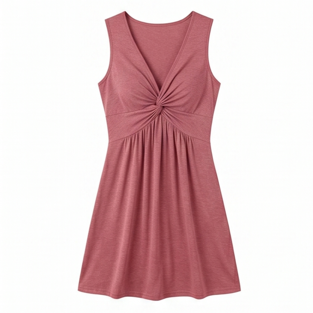Midi Dress with Twist Front Detail - V-Neck Jersey Dress
