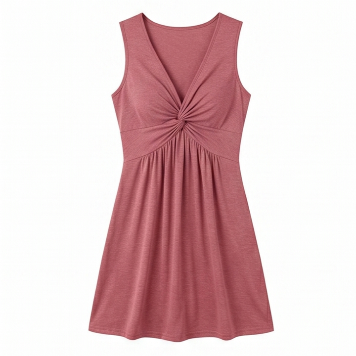 Midi Dress with Twist Front Detail - V-Neck Jersey Dress