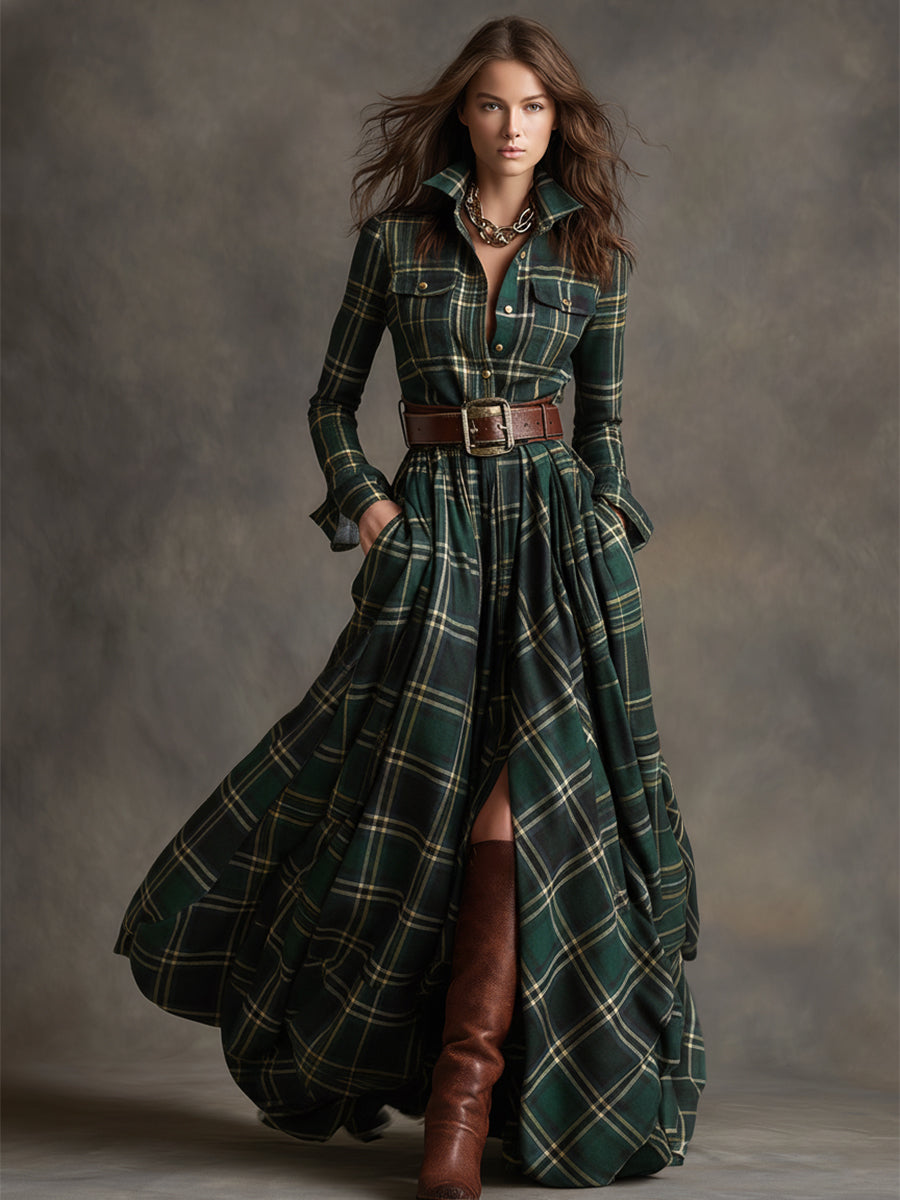 Giulietta - Vestido camisa maxi a cuadros con cinturón