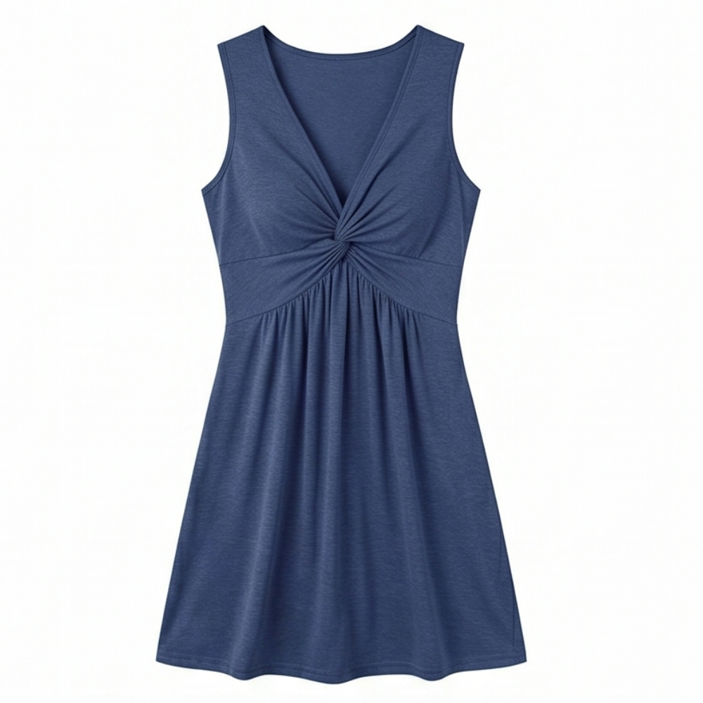 Midi Dress with Twist Front Detail - V-Neck Jersey Dress