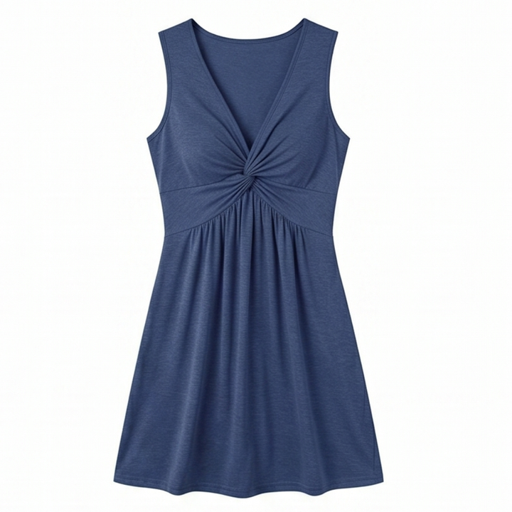 Midi Dress with Twist Front Detail - V-Neck Jersey Dress