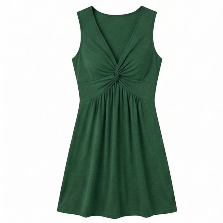 Midi Dress with Twist Front Detail - V-Neck Jersey Dress