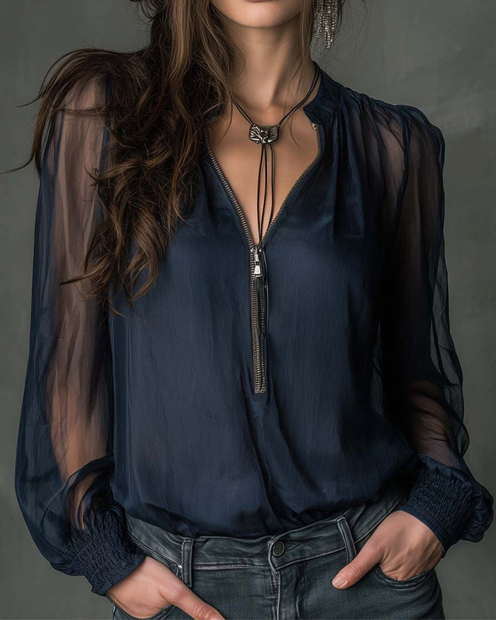 Langarm-Strickbluse mit halbem Reißverschluss