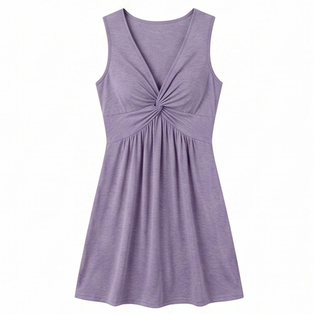 Midi Dress with Twist Front Detail - V-Neck Jersey Dress