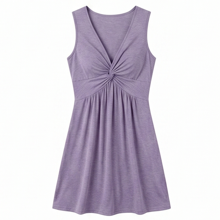 Midi Dress with Twist Front Detail - V-Neck Jersey Dress