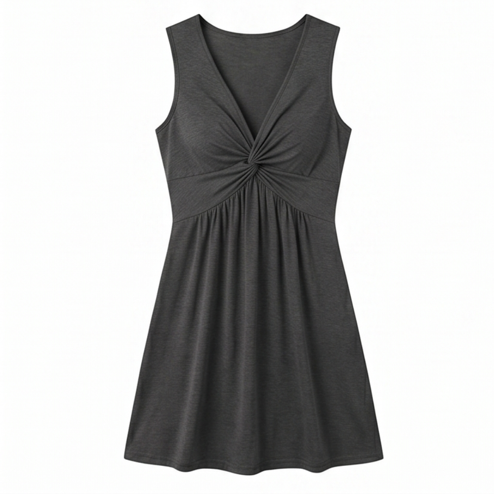 Midi Dress with Twist Front Detail - V-Neck Jersey Dress