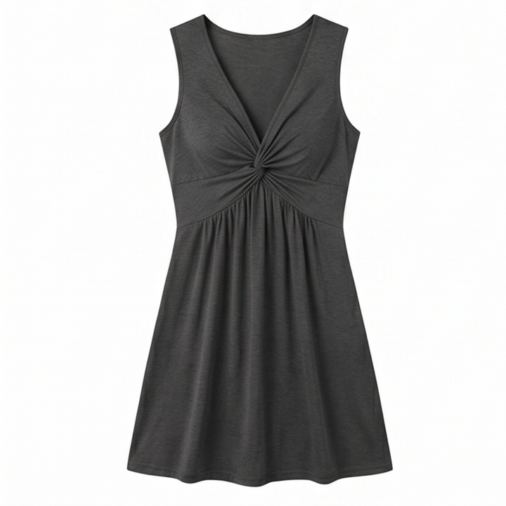 Midi Dress with Twist Front Detail - V-Neck Jersey Dress