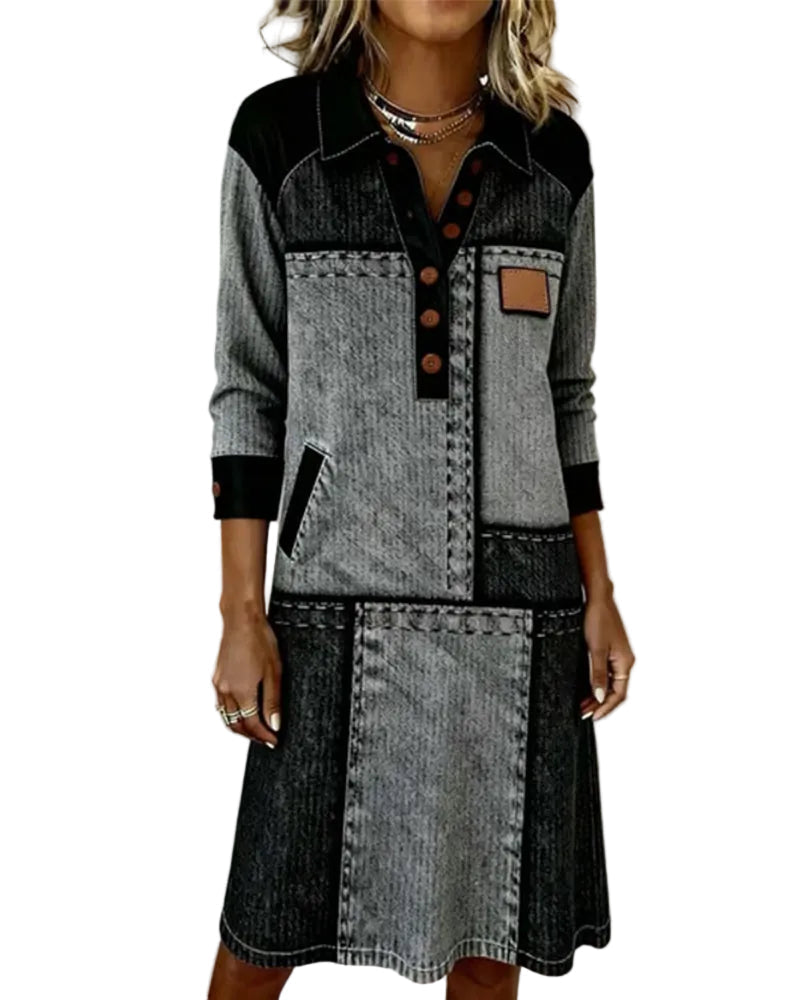 Kleid mit Knopfleiste, V-Ausschnitt, Farbblock, modern