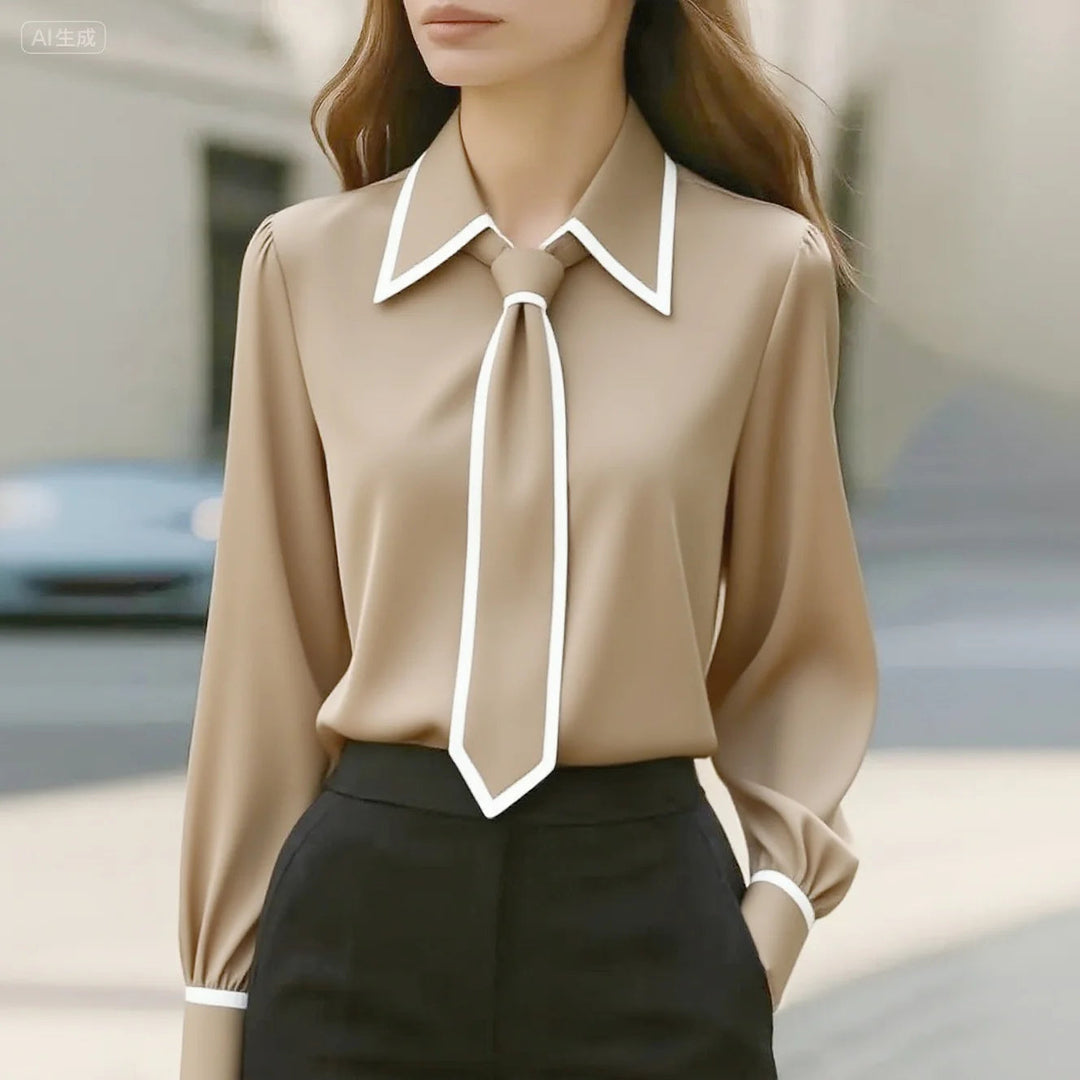 Vivian | Blusa de manga larga para mujer con lazo en el cuello y cuello en contraste