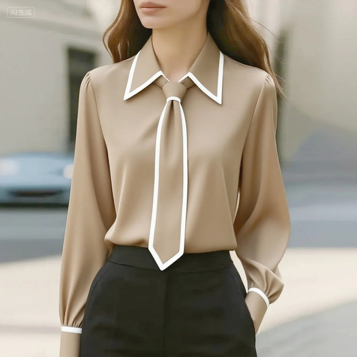 Vivian | Blusa de manga larga para mujer con lazo en el cuello y cuello en contraste