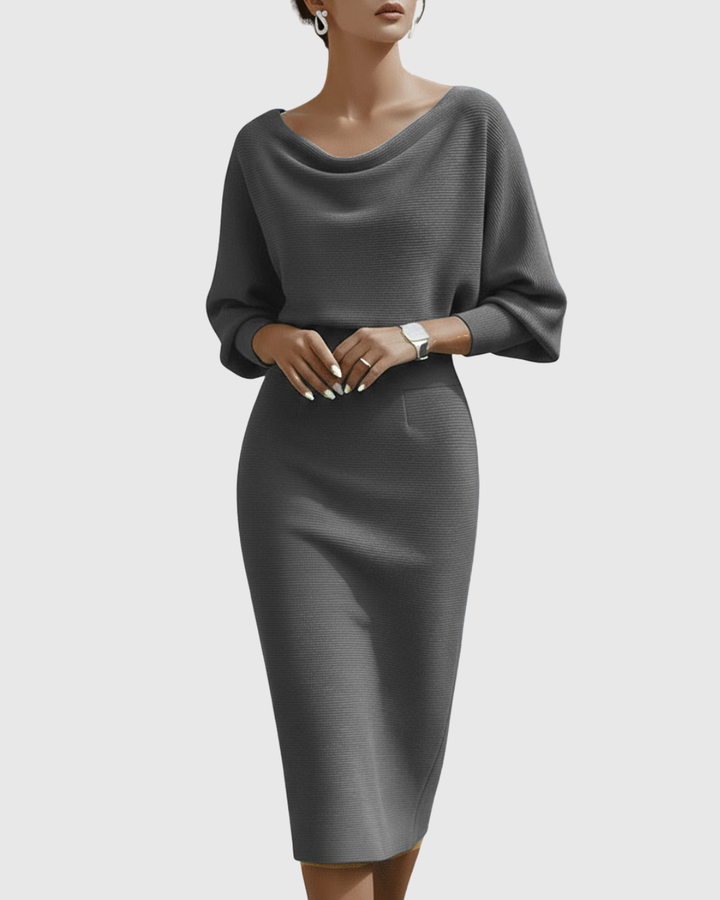 Vivienne | Vestido midi acanalado para mujer con cuello vuelto y mangas murciélago