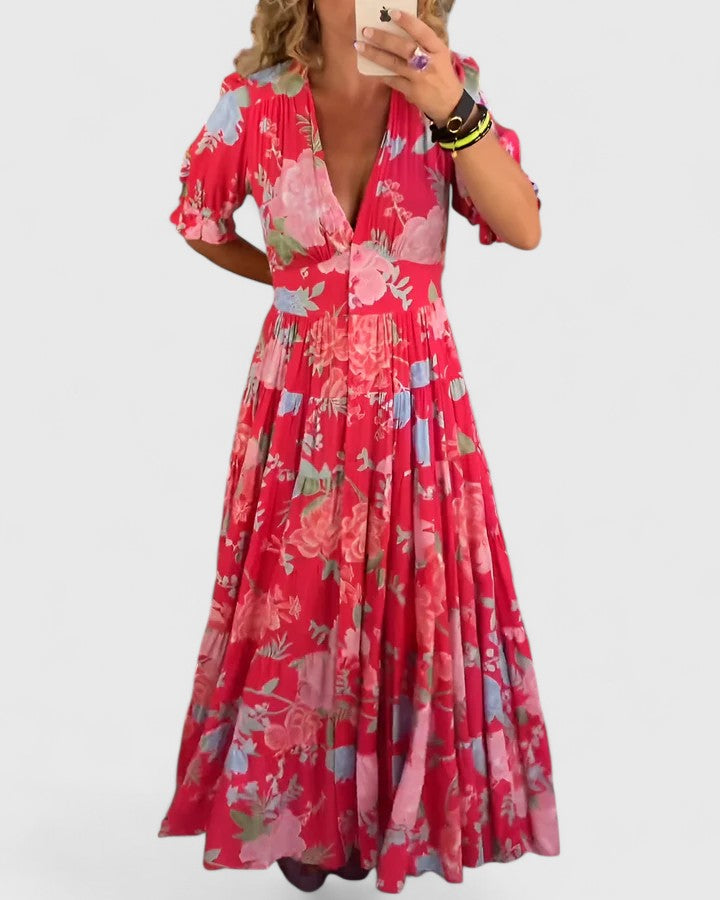 Minelda | Elegantes florales V-Ausschnitt-Kleid