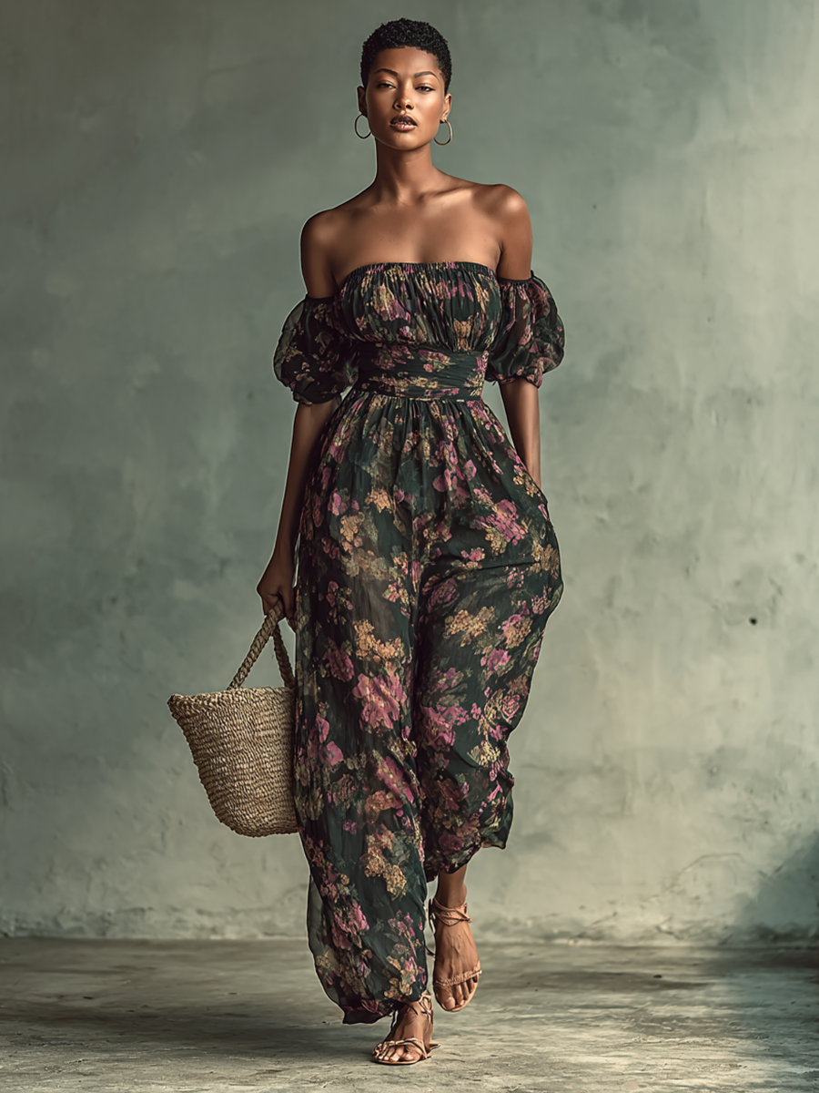 Mono corto de cintura con estampado floral de gasa para mujer, estilo bandeau y manga corta