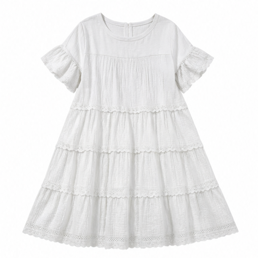 Tiered Lace Midi Dress with Pockets - Flutter Sleeve A-Line