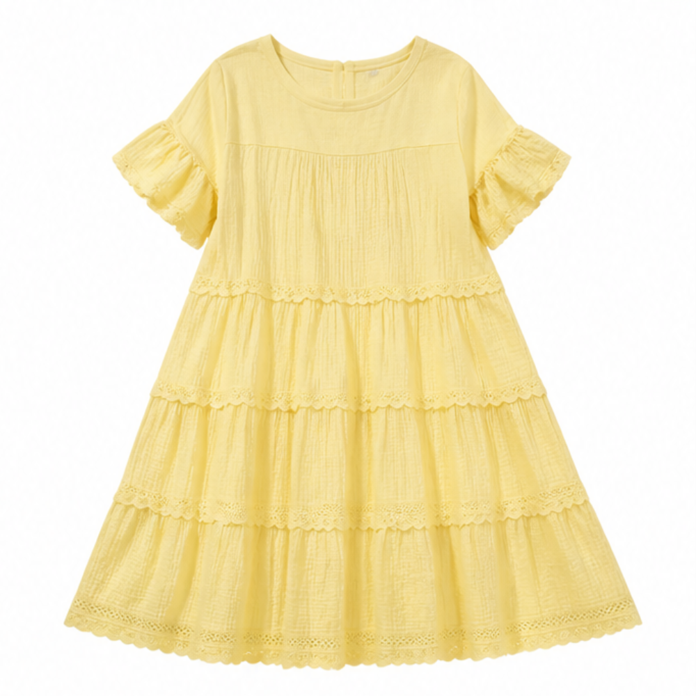 Tiered Lace Midi Dress with Pockets - Flutter Sleeve A-Line