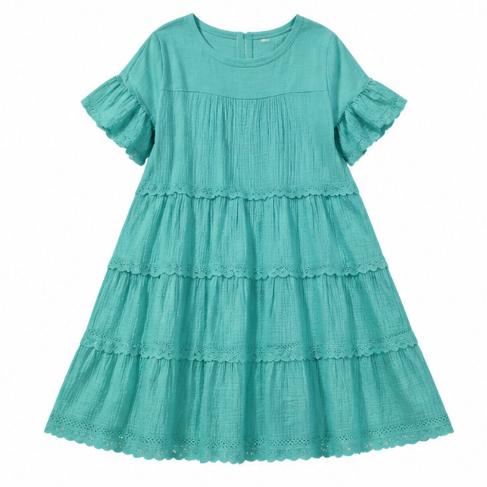 Tiered Lace Midi Dress with Pockets - Flutter Sleeve A-Line
