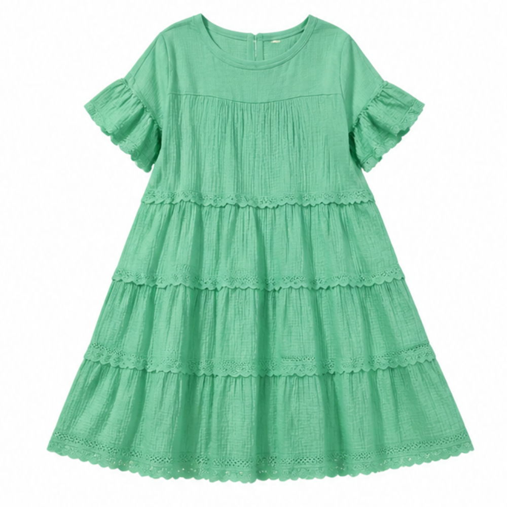 Tiered Lace Midi Dress with Pockets - Flutter Sleeve A-Line