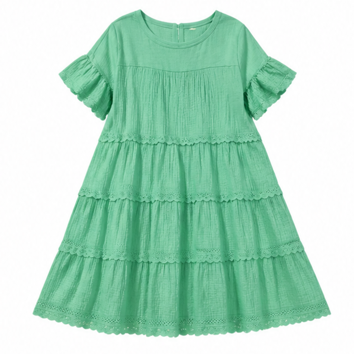 Tiered Lace Midi Dress with Pockets - Flutter Sleeve A-Line