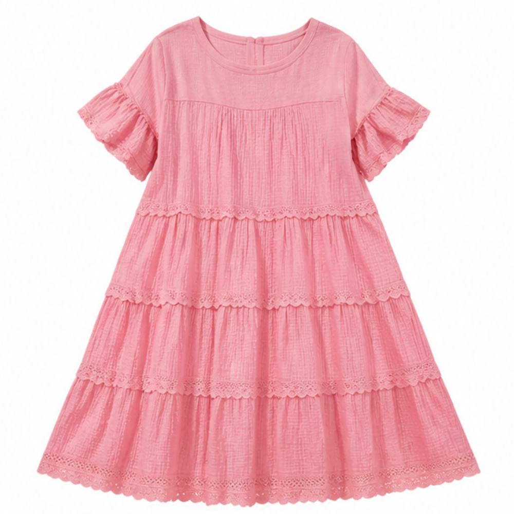 Tiered Lace Midi Dress with Pockets - Flutter Sleeve A-Line