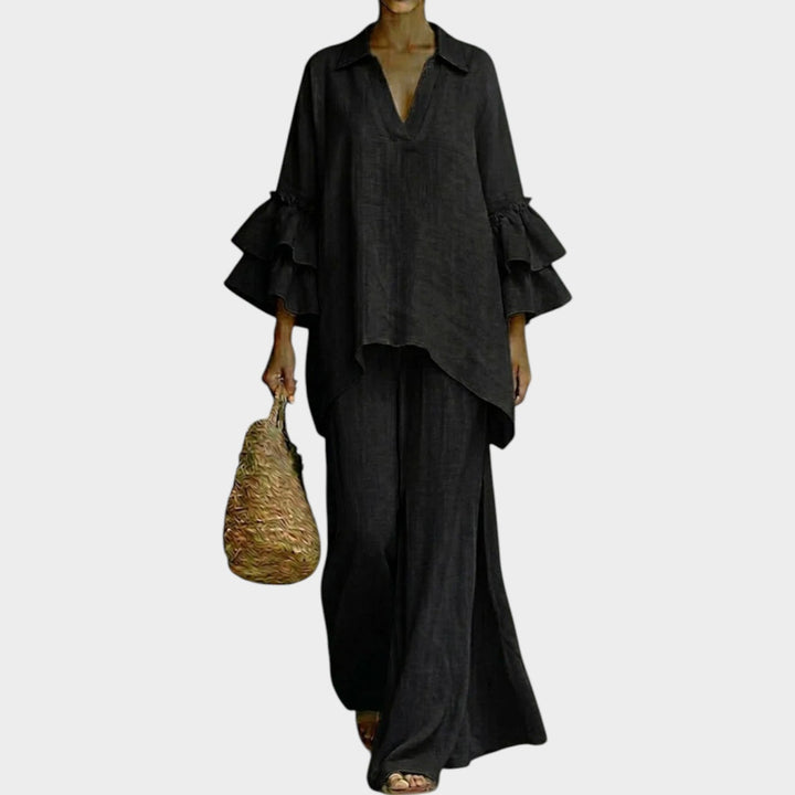 Two Piece Set for Women - Ruffled Sleeve Top and Wide Leg Pants