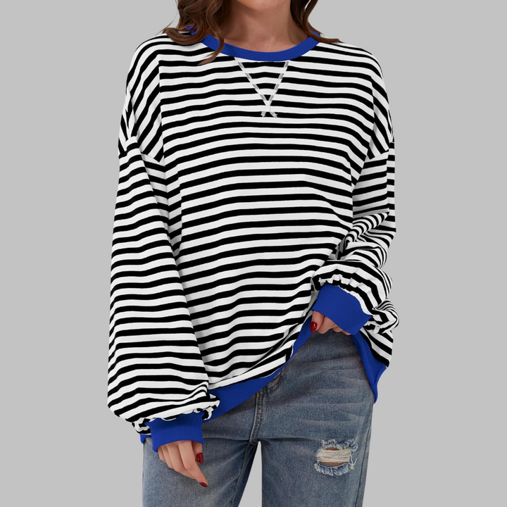 Poppy | Moletom Feminino Listrado Oversized com Gola Careca e Manga Longa