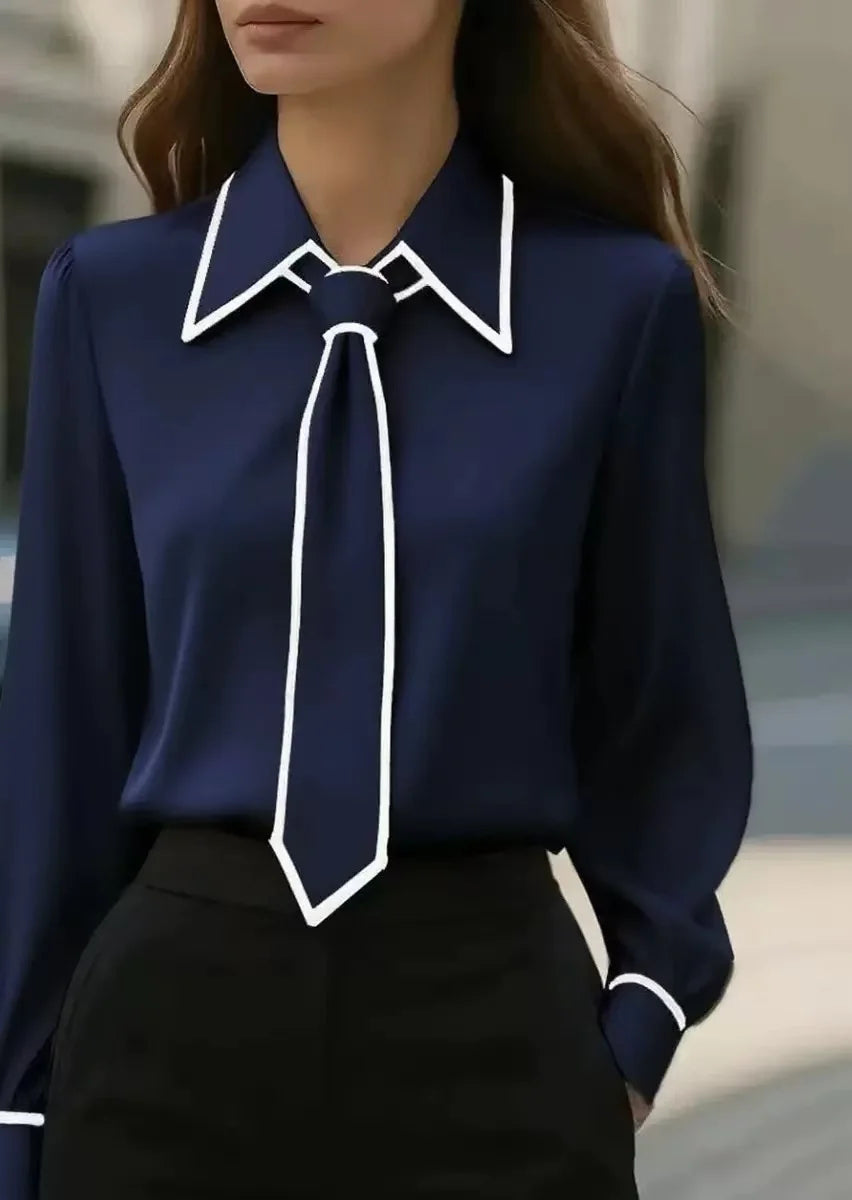 Vivian | Blusa de manga larga para mujer con lazo en el cuello y cuello en contraste