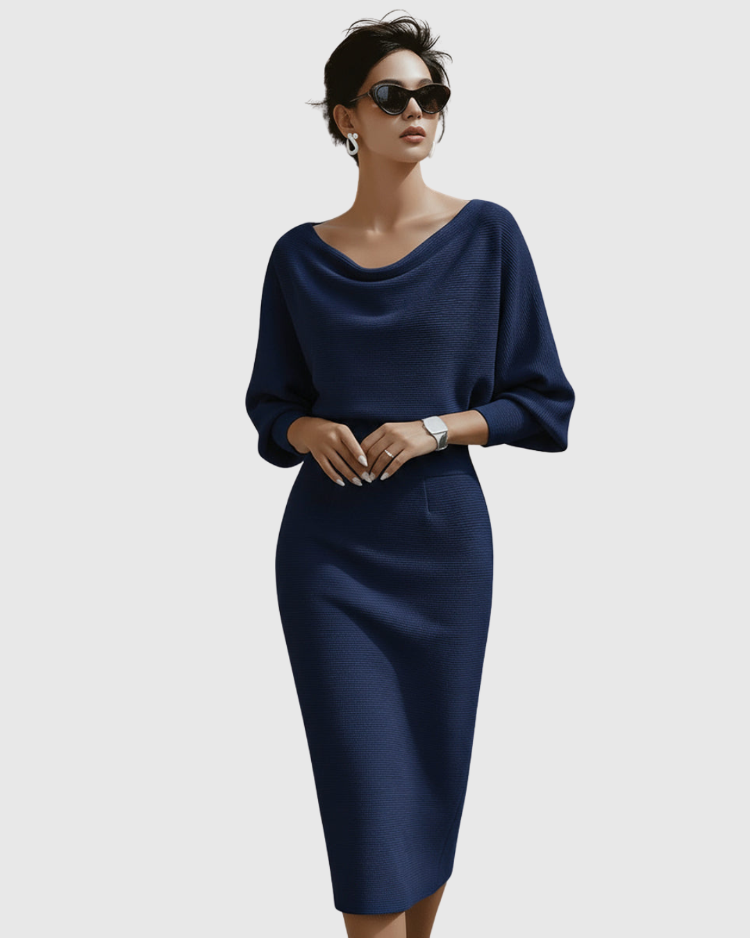 Vivienne | Vestido midi acanalado para mujer con cuello vuelto y mangas murciélago
