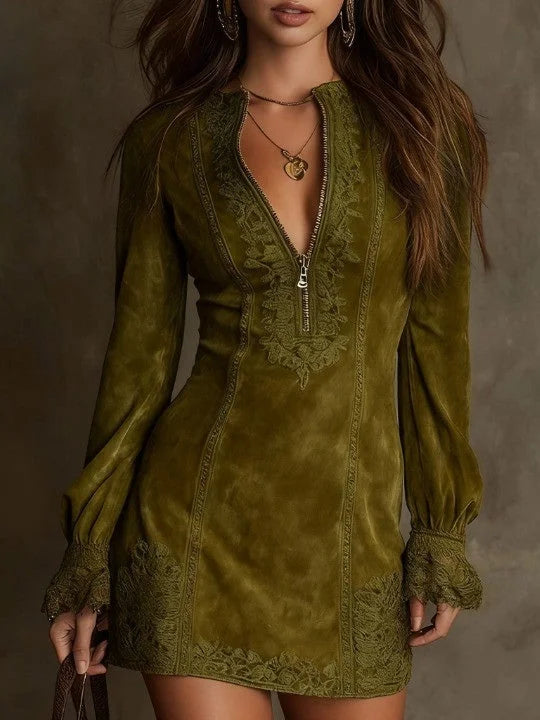 Lunori™ | Vestido Mini de Gamuza Aurora con Encaje