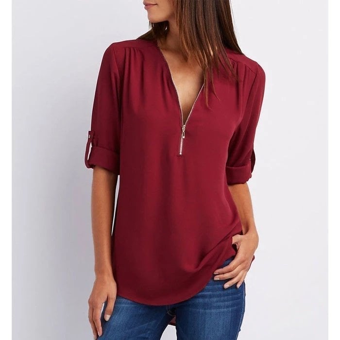 Rosé | Blusa casual para mujer con cremallera, escote en V y manga corta