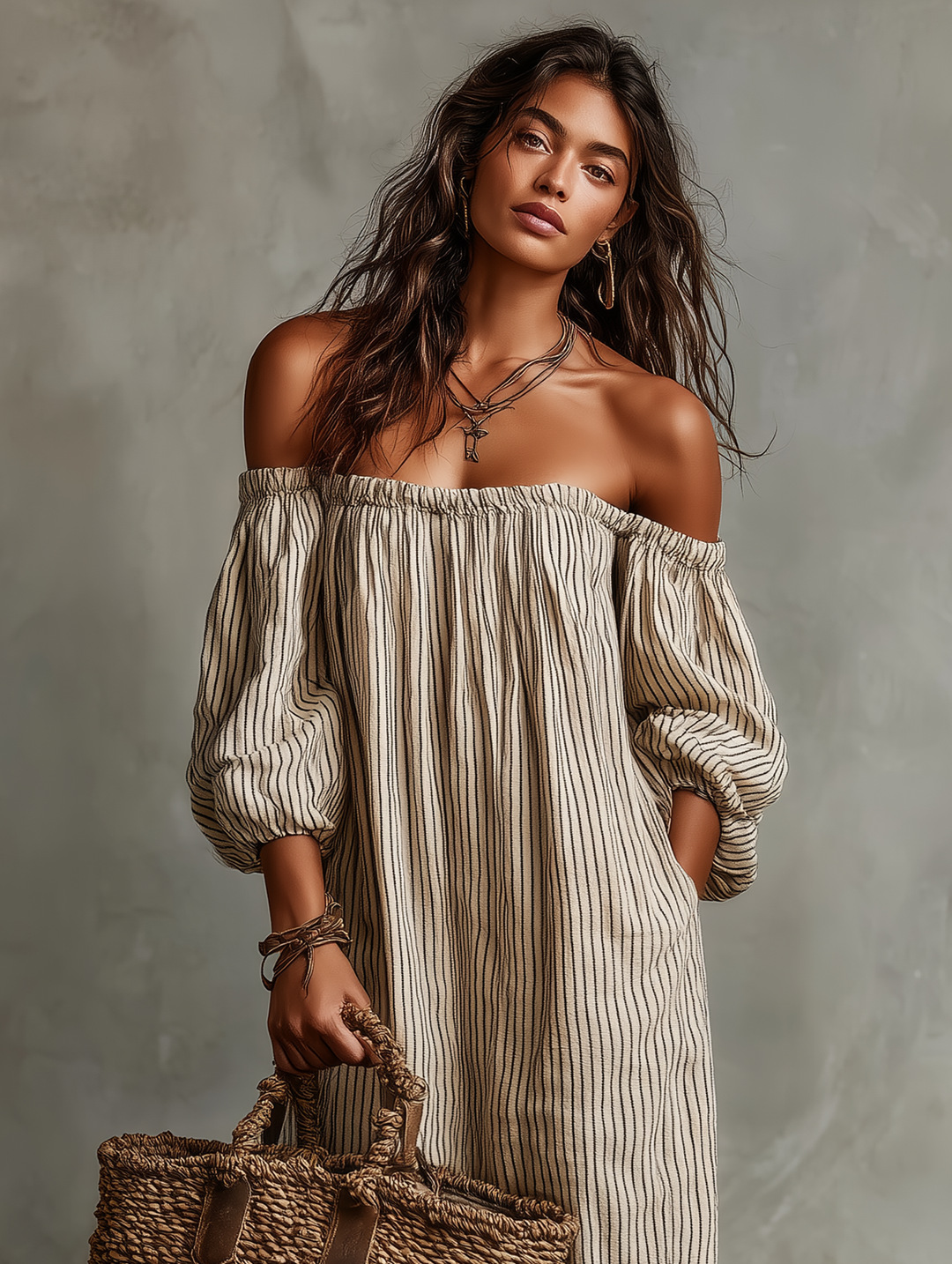 Off Shoulder Maxi Dress - Cotton Linen Summer Vacation Dress