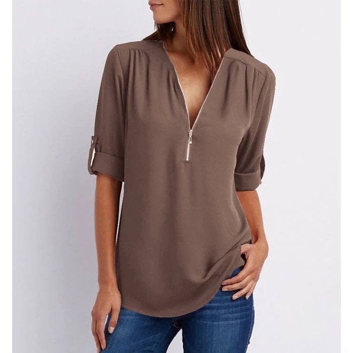 Rosé | Blusa casual para mujer con cremallera, escote en V y manga corta