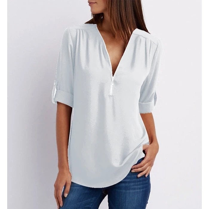 Rosé | Blusa casual para mujer con cremallera, escote en V y manga corta