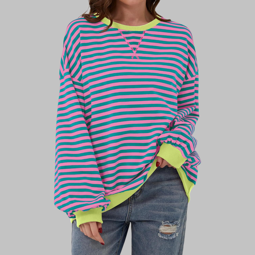 Poppy | Moletom Feminino Listrado Oversized com Gola Careca e Manga Longa