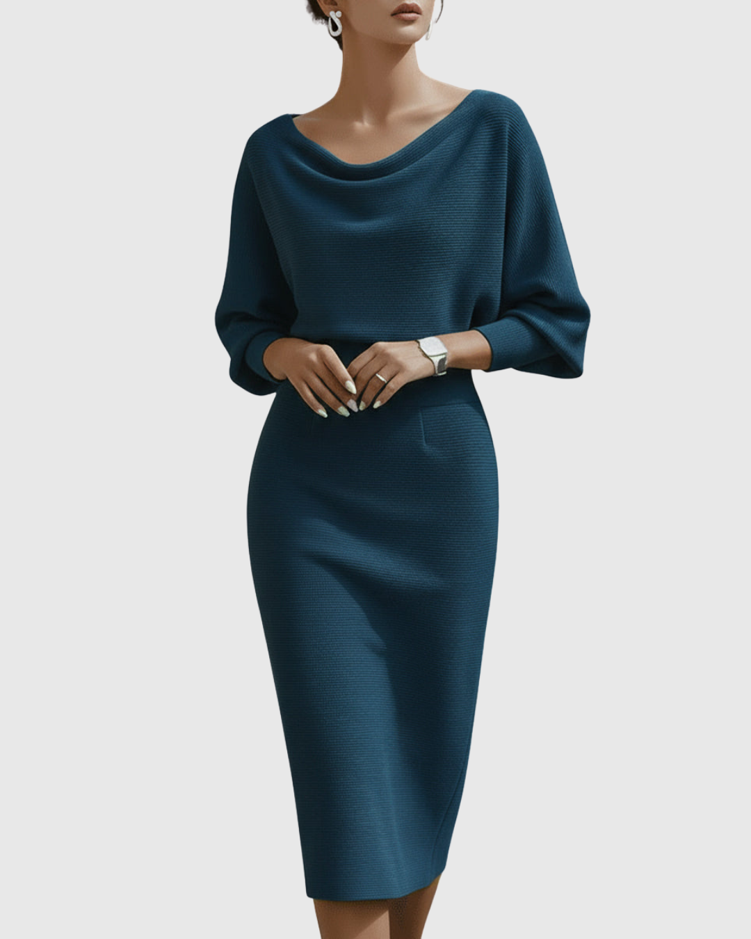 Vivienne | Vestido midi acanalado para mujer con cuello vuelto y mangas murciélago