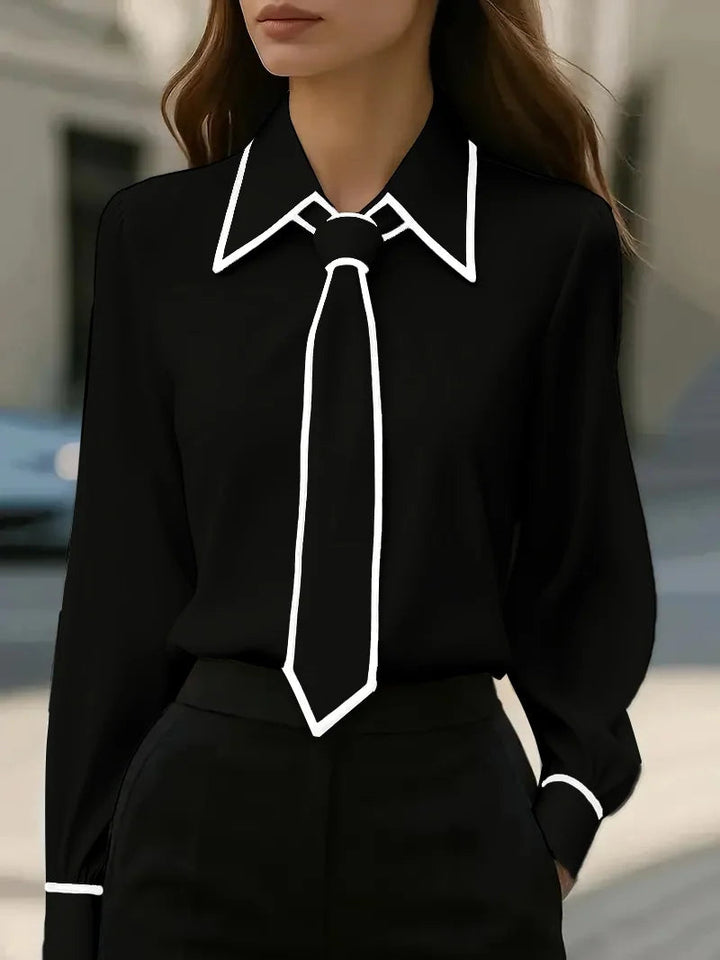 Vivian | Blusa de manga larga para mujer con lazo en el cuello y cuello en contraste