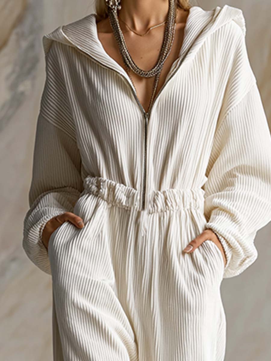 Mono casual holgado de pana blanca con capucha, cremallera frontal y manga larga, a la moda