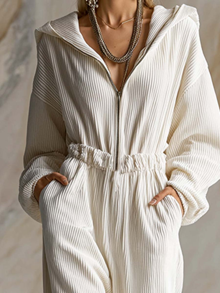 Mono casual holgado de pana blanca con capucha, cremallera frontal y manga larga, a la moda