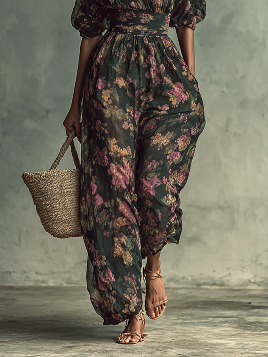 Mono corto de cintura con estampado floral de gasa para mujer, estilo bandeau y manga corta