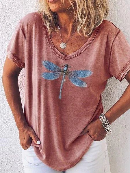 Luna | Camiseta casual para mujer con estampado de libélula, cuello en V y manga corta