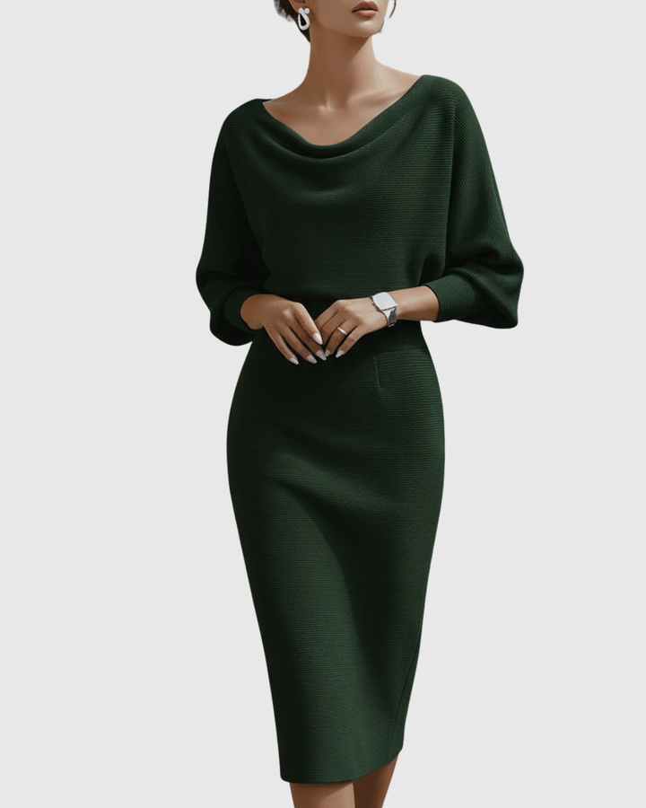 Vivienne | Vestido midi acanalado para mujer con cuello vuelto y mangas murciélago